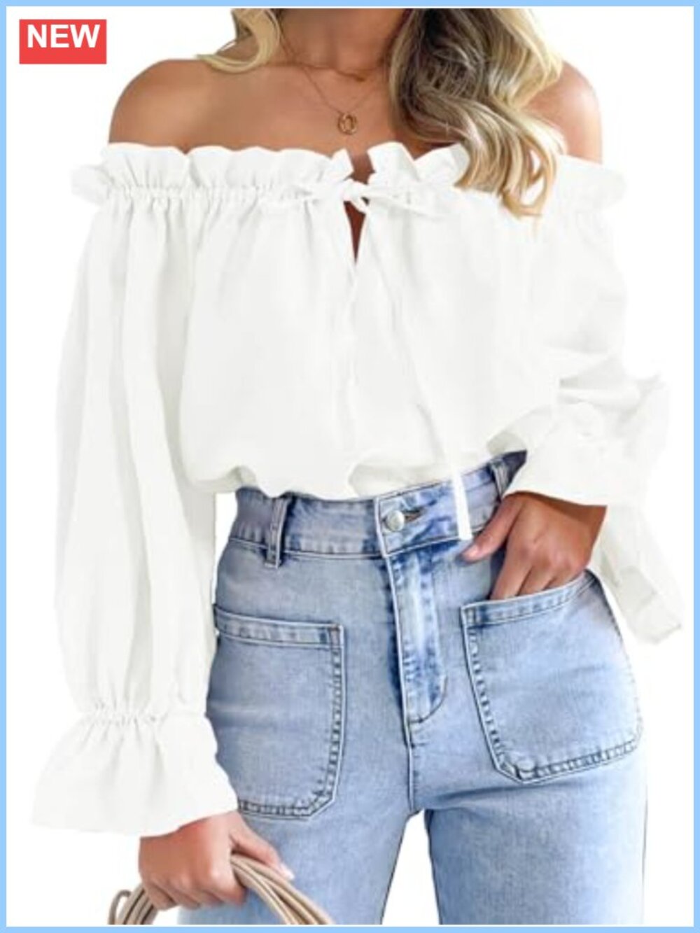 Womens Off Shoulder Puff Long Sleeve Ruffle Blouse Tie Front Peasant Top